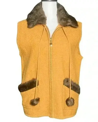 Vintage 90s Mustard 100% Boiled Wool Brown Faux Fur Collar Vest. Size Medium EUC Yellow