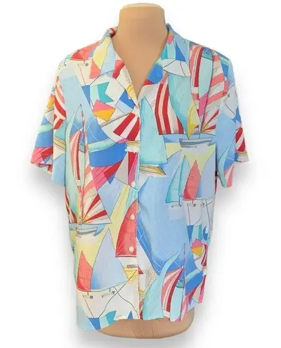 Vintage Top Blue Yellow Nautical Sailboat Print Crinkle Fabric Short Sleeve 16