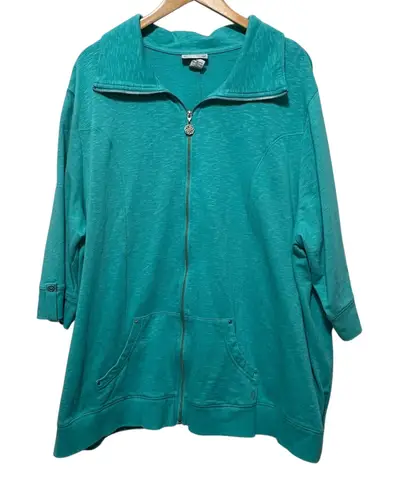 Catherines Women Zip Jacket 3X Teal Lightweight Casual Lounge Comfy Cotton Blend