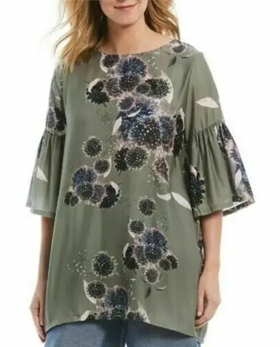 Bryn Walker Diego Tunic Size Medium Floral Print Bell Sleeve Green Sz M New
