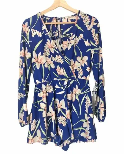 Peach Love California Peach Love Boutique Blue Floral Long Sleeve Wrap V-Neck Romper S