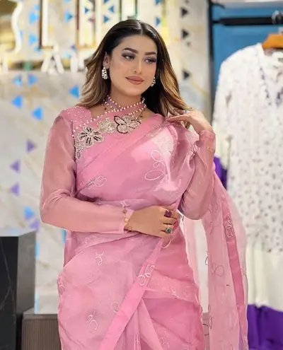 Designer Ready made Sari Bridal Silk Blouse Bollywood South Indian Ethnic Saree Pink Size L