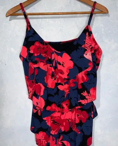 Aqua Green Blue Pink & Red Floral Ruffle Padded Adjustable Strap Tankini Top Lg