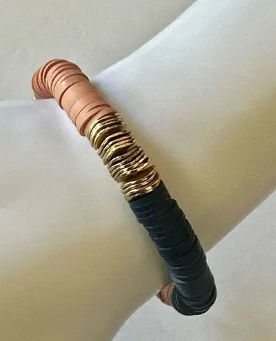 Canvas blue gold tone and peach stretchy clay disc bracelet