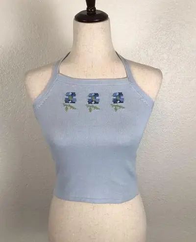 Vintage Y2K Jamie Scott blue embroidered boho retro crop halter top S