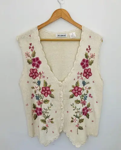 Vintage Floral Sweater Vest Alyssa Brooke Embroidered White Pink Flowers Cotton Size M