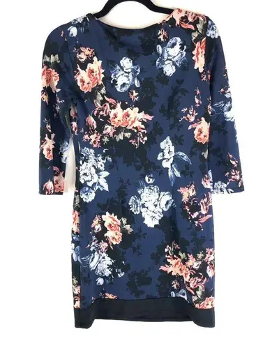 Atmosphere Shift Dress 3/4 Sleeve Scoop Neck Floral Stretch Navy Blue US Size 4