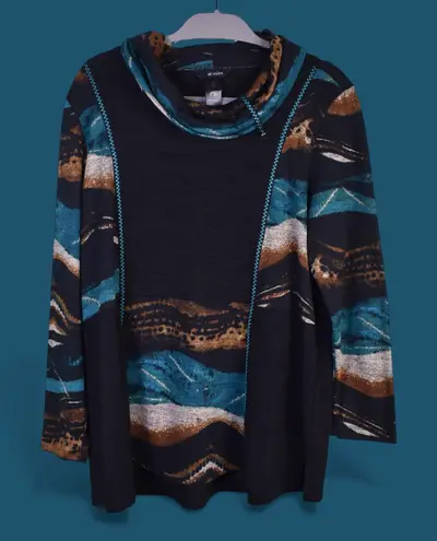 Ali Miles Sweater Women L Embroidered Colorblock Cowl Neck Oversized Tunic Art Black Size L