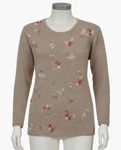 Shenanigans Floral Embroidered Sweater L Beige Pink Flowers Boho Cottagecore Tan Size L