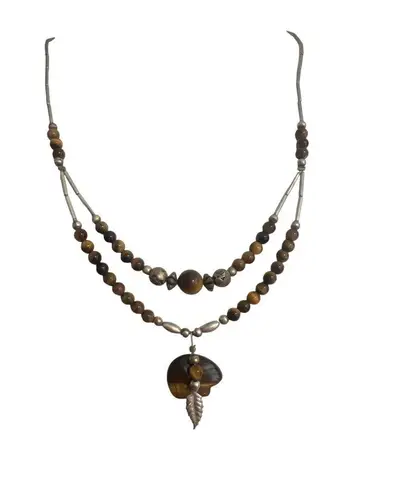 Vintage Silver Tone Tigers Eye Beads Bear Pendant Feather Native American 19"