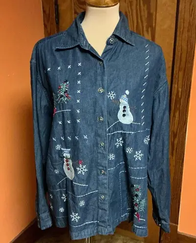 Vtg Y2K embroidered snowman denim shirt Blue Size XL