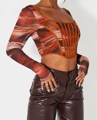 Pretty Little Thing Orange Absract Printed Mesh Binding Detail Long Sleeve women’s Corset|Size-US:8 thumbnail 1