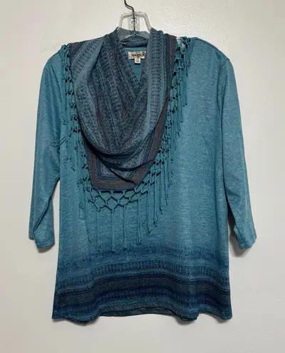 One World Blue Knit Top with Scarf Size PM