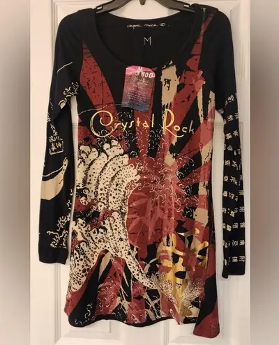 Christian Audigier Crystal Rock Tuni Tsunami Women Black Graphic Top Size Medium