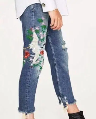 KanCan Crane Bird Floral Embroidered Frayed Hem Mid Rise Skinny Blue Jeans Sz 25