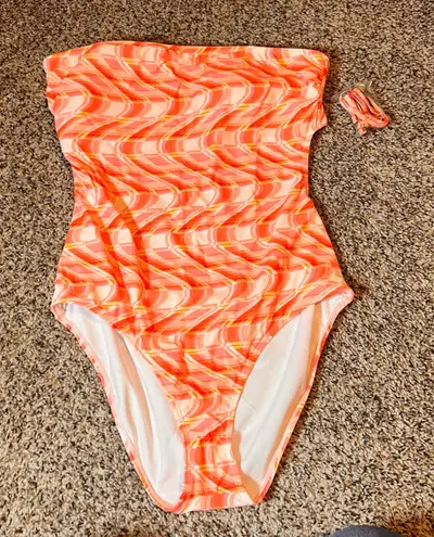 Orange Swirl Print One Piece Swimsuit Strapless Women's Bathing Suit Size XL