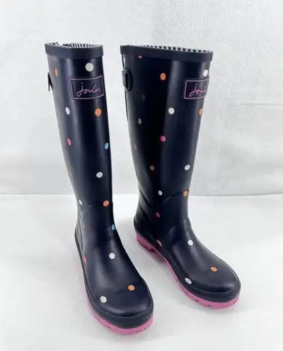 Joules Womens WellyPrint Navy Blue with Polka Dots Rubber Wellington Boots 6