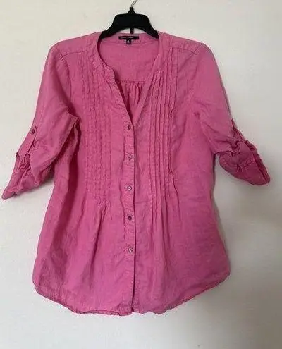 Chaus Sport Top Linen women’s S Pink Roll Tab Sleeves Button up Pin Tuck Blouse