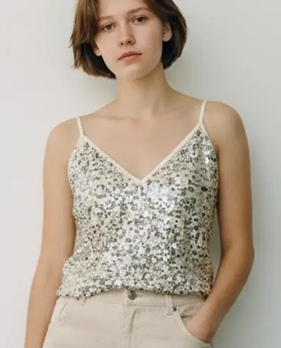 Goldie Twilight Camisole Top Womens M Silver Cream Sequin Sparkles Shimmer Glam