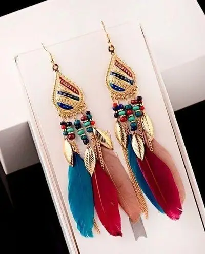 Long Bohemian Feather Chain Earrings Gold