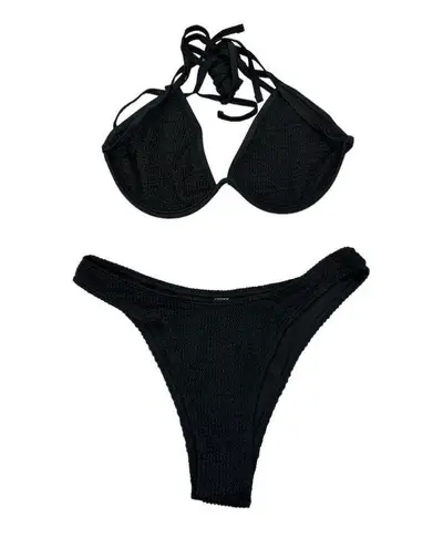 SheIn  Swim Black Halter Bikini Set Size L Adjustable Tie Ruched Texture