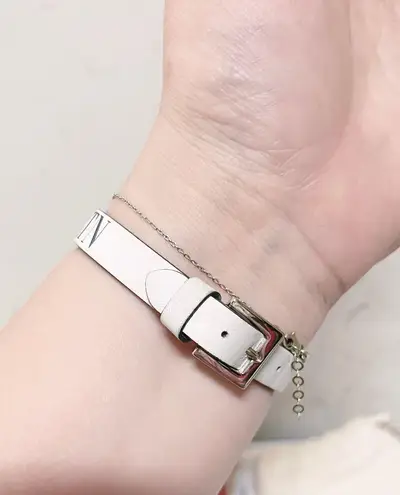 Valentino Garavani Authentic White & Black Thin Leather VLTN Buckle Bracelet