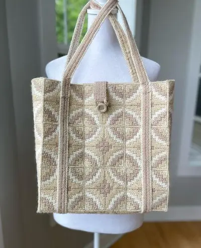 Vintage White Neutrals Handmade Bargello Needlepoint Lined Square Tote Bag Purse Tan