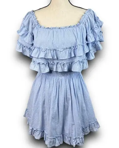 INDIKAH Off Shoulder Ruffle Mini Dress Smocked Waist Lined Light Blue Size XS