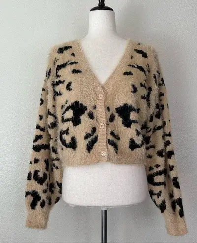 Lulu's Fierce Heart Beige Leopard Print Eyelash Knit Cropped Cardigan Tan