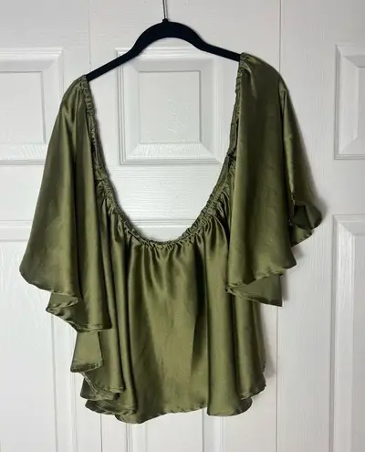 Missguided  Green Olive Satin Bardot Off The Shoulder Blouse Top Size 12 Large