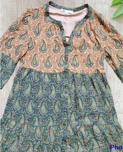 Daniel Rainn DR2  XS Paisley Dress Boho Peasant V Neck Balloon Sleeve Shi…