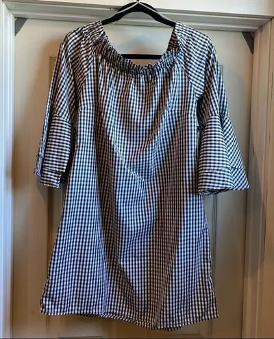 Style House  Black & White Gingham Off-the-Shoulder Bell Sleeve Dress