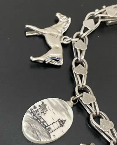 Vintage Sterling Silver Signed 925 Double Link Heart 7 Charms 8” Charm Bracelet