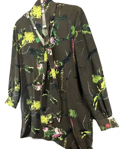 Babaton Tunic Mini Dress S Green Floral Tie Neck Pockets Fairy Grunge Whimsy