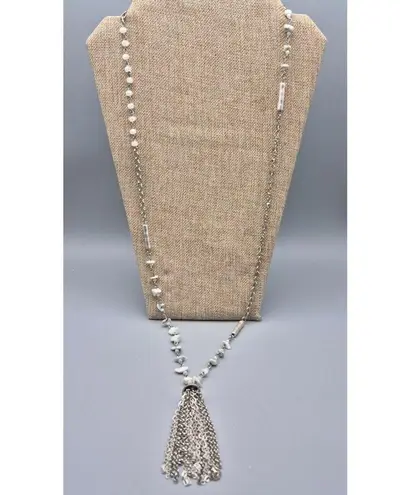 Simply Vera Wang Sliver Tone Glass Bead Natural Stone Tassel Pendant Necklace Silver