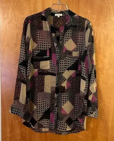 Pleione Women's Patchwork Art Print Tunic Blouse Top Button Down Shirt Small