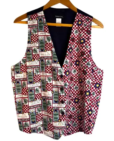 Robyn Lyn VTG Christmas VEST Mixed Print Happy Holidays Novelty Size L/XL Cotton Blue Size L
