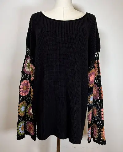 Heyson Black Cotton Blend Sweater Crochet Floral Sleeves Women’s Size Medium