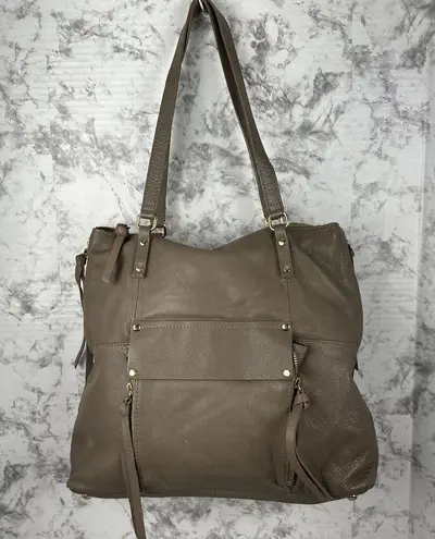 Kooba Womens Pebbled Leather Large Tote Bag Purse Brown Gray Taupe Outer Pocket