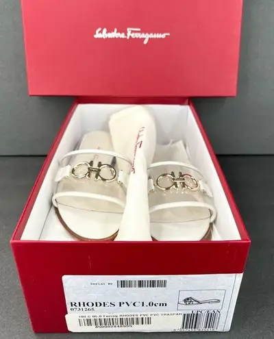 Salvatore Ferragamo Rhodes Pvc Gancini Logo White Leather Flat Sandals Size US 5
