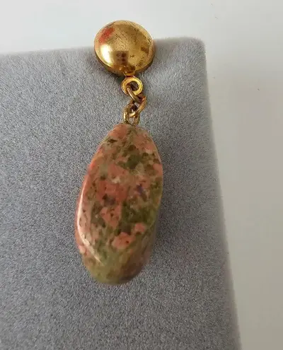 Unakite Jasper Crystal Gold Tone Metal Dangle Pierced Earrings Orange