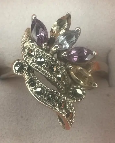 Source Unknown Sterling Silver AMETHYST, BLUE TOPAZ, CITRINE & MARCASITE Ring, Sz 6.5