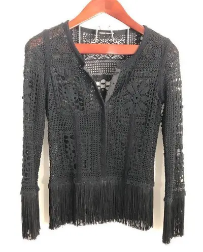 Charles Chang Lima Lace Fringe Embroidered Floral Long Sleeve Black