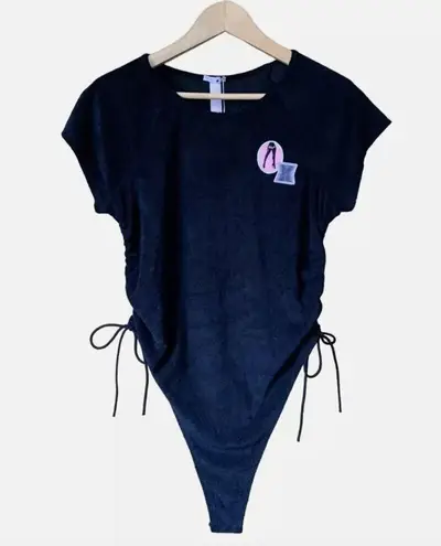 Savage X Fenty Bodysuit XL NWT 70s Ruched Terry Thong Teddy Caviar Black Rihanna