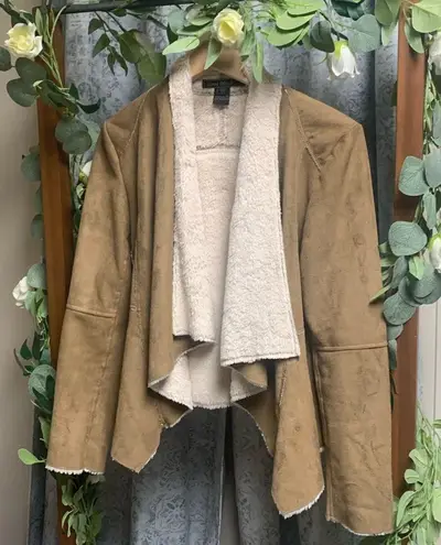 Love Stitch Faux SuedeFur Lined Drape Collar Asymmetrical Jacket Size Small Tan