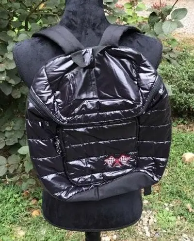 SHINY REFLECTIVE VINAL LIKE RACING CHECKERED FLAG EMBROIDERED BACKPACK Black