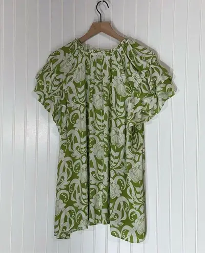 Rose + Olive Green White Floral Peasant Blouse Tassel Tie Boho Cottagecore L/XL Size 1X