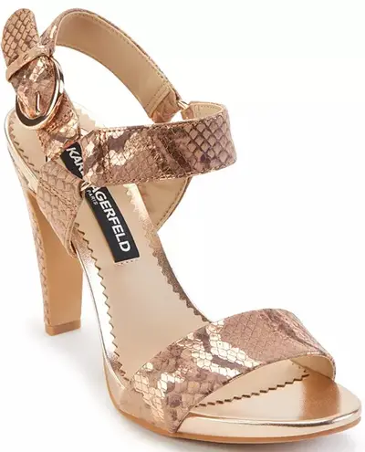 Karl Lagerfeld Cieone Sandals Leather Heels Ankle Snakeskin Metallic Gold 9.5M