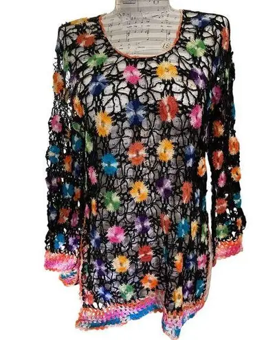 Handmade Black Crochet Multicolor Flower Tunic Swim Cover Top Small