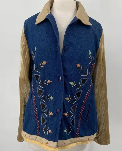 Vintage 90s Embellished Jean Jacket Beaded Denim Corduroy Sleeve Womens XL Blue